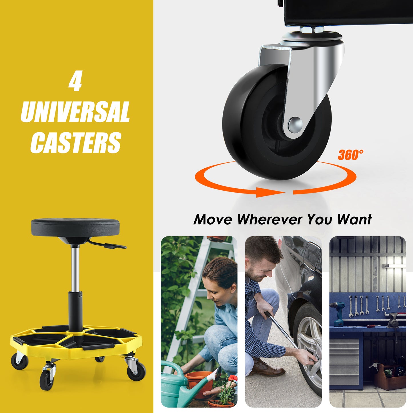 330 LBS Pneumatic Rolling Mechanic Stool, Padded Seat, Yellow Garages at Gallery Canada