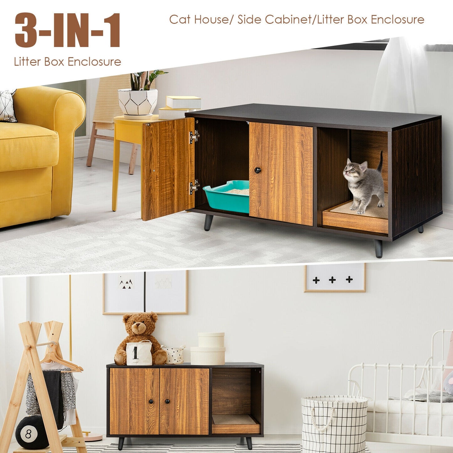 Cat Litter Box Enclosure with Divider and Double Doors, Brown Cat Houses at Gallery Canada