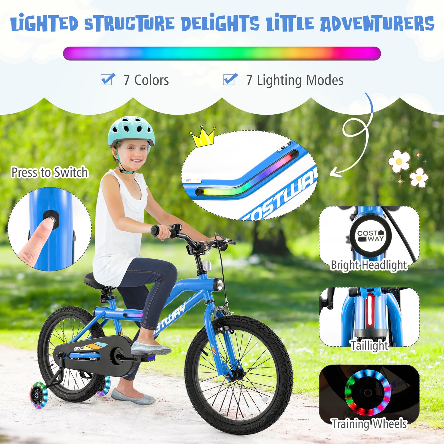 18 Inch Kids Bike, LED Lighted, Adjustable, Training Wheels, Navy Kids Bike at Gallery Canada