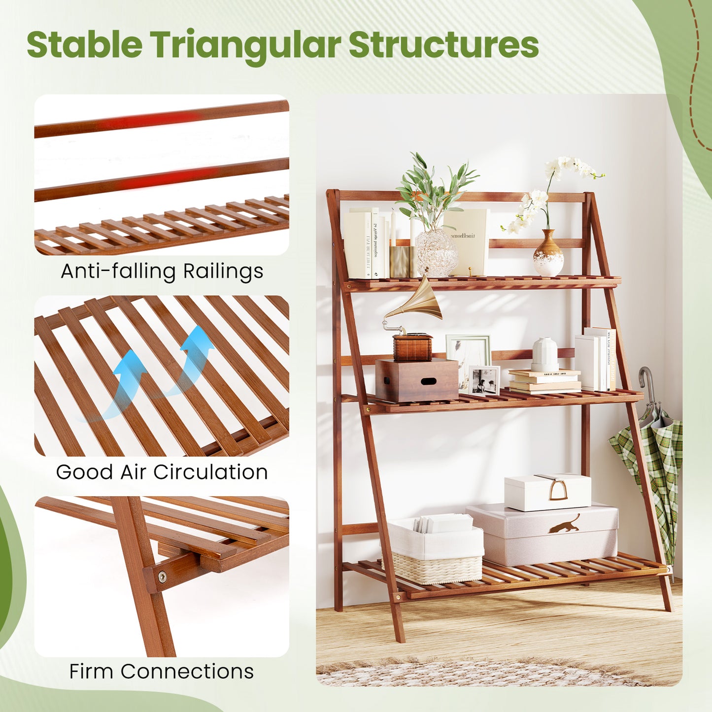 3-Tier Bamboo Ladder Shelf Foldable Plant Flower Bookshelf, Brown Plant Stands at Gallery Canada