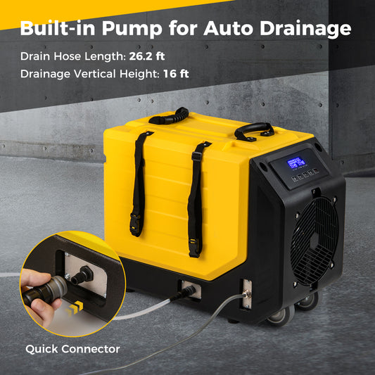 Commercial Dehumidifier, 190 PPD, With Pump And 2 Wheels, Yellow Dehumidifiers Yellow at Gallery Canada