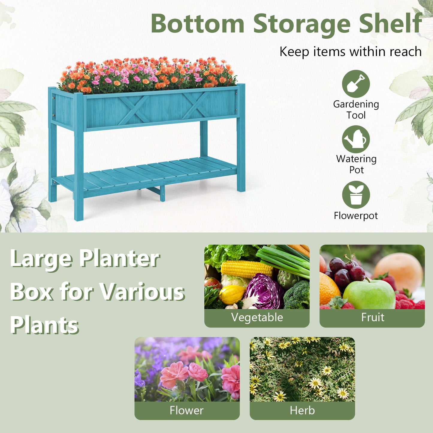 Poly Wood Elevated Planter Box with Legs Storage Shelf Drainage Holes, Blue Raised Garden Beds at Gallery Canada