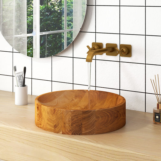 16 Inch Teak Wood Washbasin, Natural, Smooth Finish, Rounded Corners Bathroom Sinks Natural at Gallery Canada