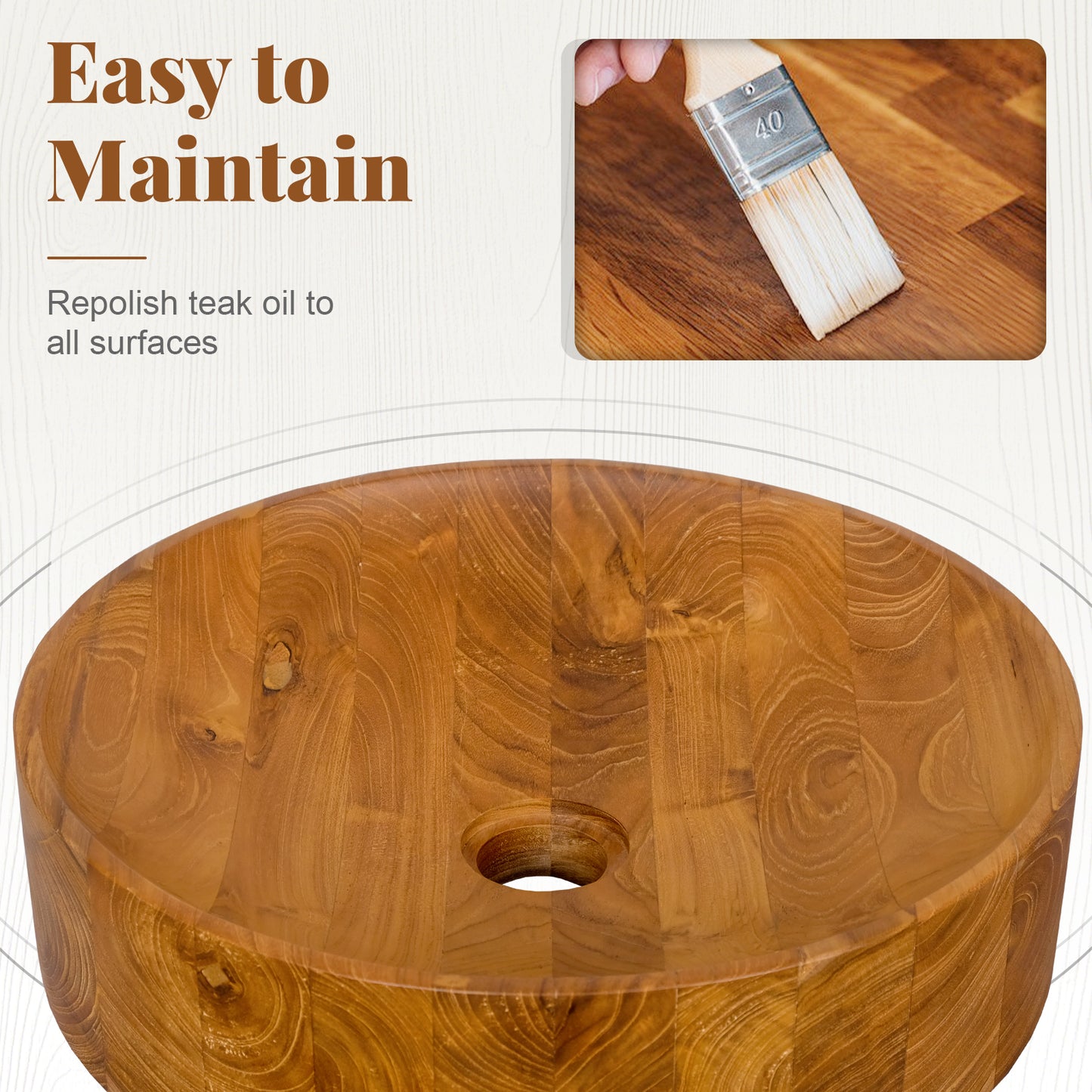 16 Inch Teak Wood Washbasin with Smooth Finish and Rounded Corners, Natural Bathroom Sinks at Gallery Canada