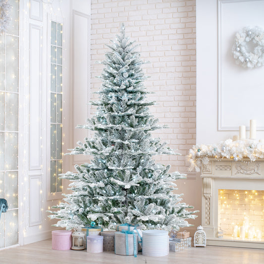 7 Feet Snow Flocked Artificial Christmas Tree, Cool White LED Lights, Green
