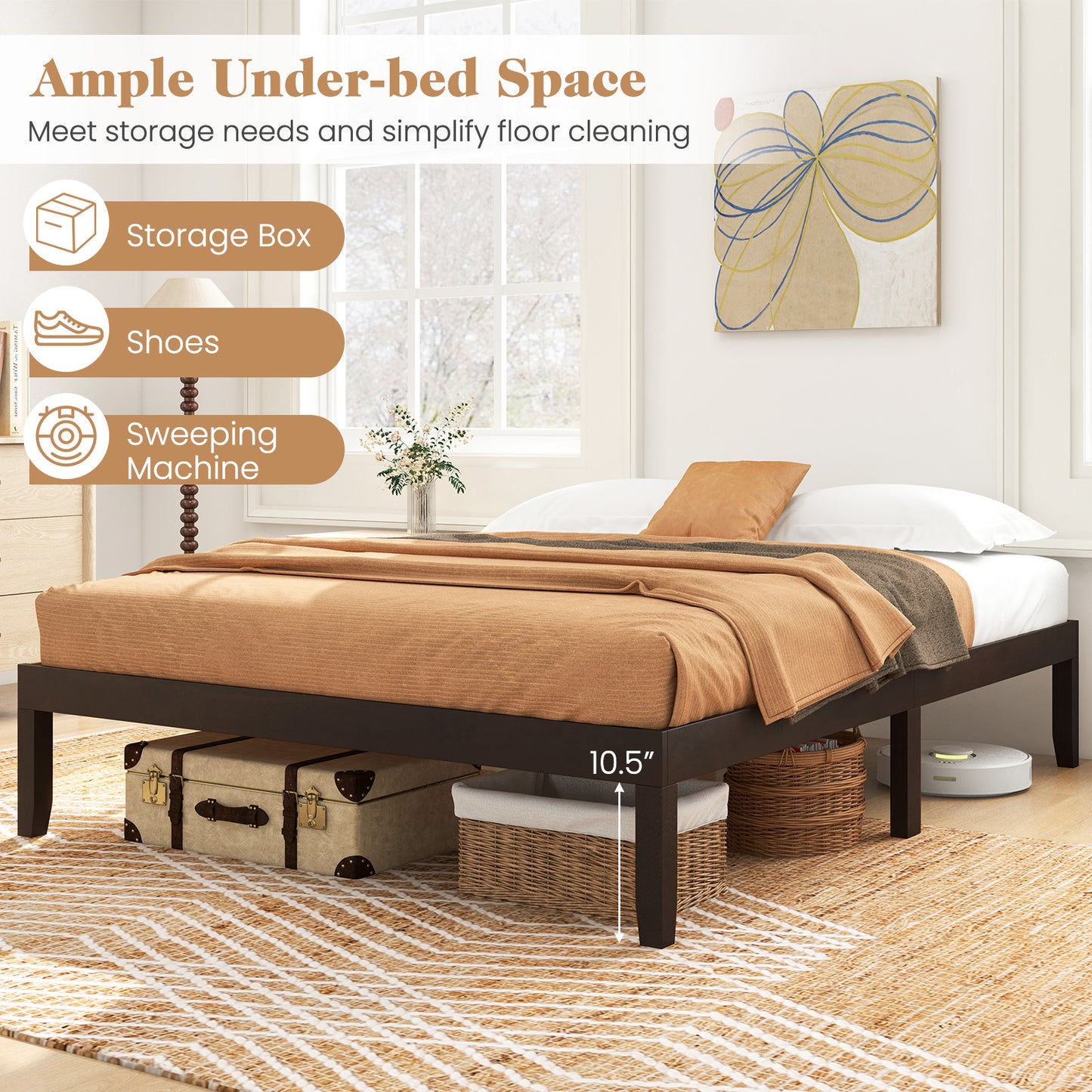 Queen Size Wood Bed Frame, Wooden Slats, Rubber Wood Legs, Espresso
