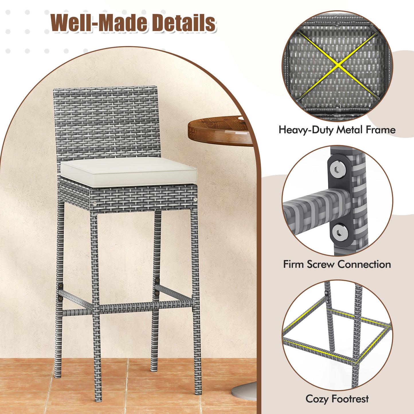 Set of 2/4 Patio Wicker Barstools with Soft Seat Cushion and Cozy Footrest-Set of 2, Gray Patio Bar Furniture at Gallery Canada