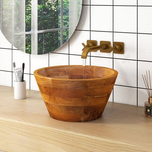 16 Inch Teak Wood Washbasin, Natural, Smooth Finish, Drainage Hole Bathroom Sinks Natural at Gallery Canada