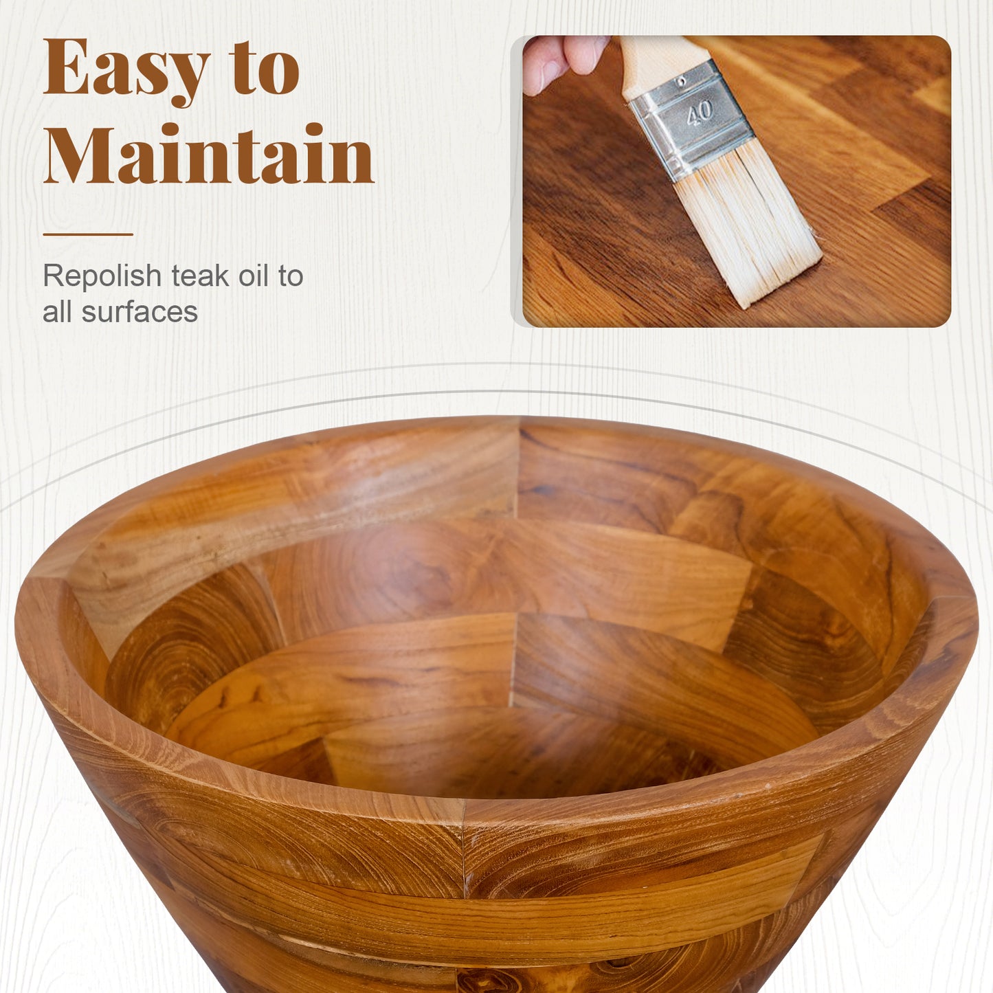 16 Inch Teak Wood Washbasin, Natural, Smooth Finish, Drainage Hole Bathroom Sinks at Gallery Canada