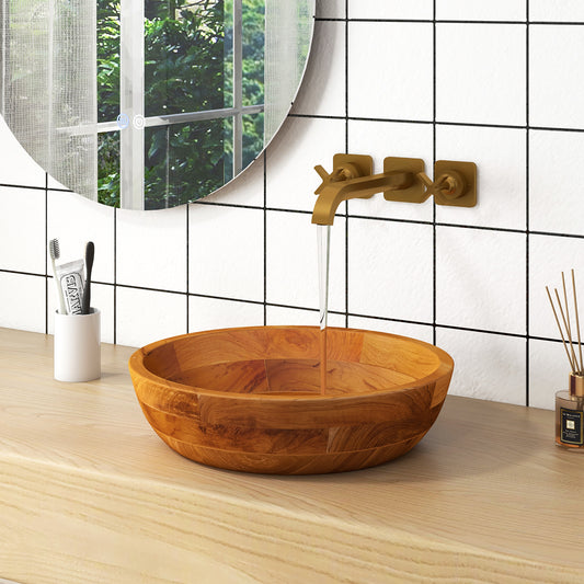 16 Inch Teak Wood Washbasin, With Drainage Hole, Natural Bathroom Sinks Natural at Gallery Canada