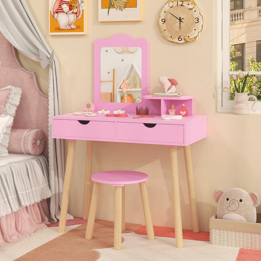 Ensemble Table et Chaise de Coiffeuse pour Enfant, Miroir, 2 Grands Tiroirs de Rangement, Rose