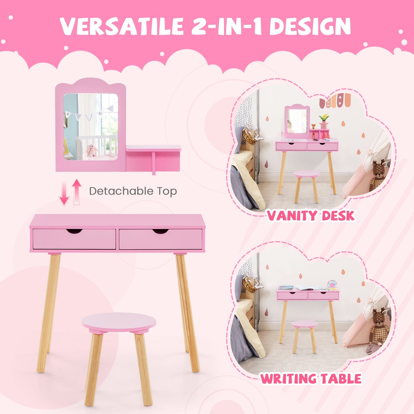 Ensemble Table et Chaise de Coiffeuse pour Enfant, Miroir, 2 Grands Tiroirs de Rangement, Rose
