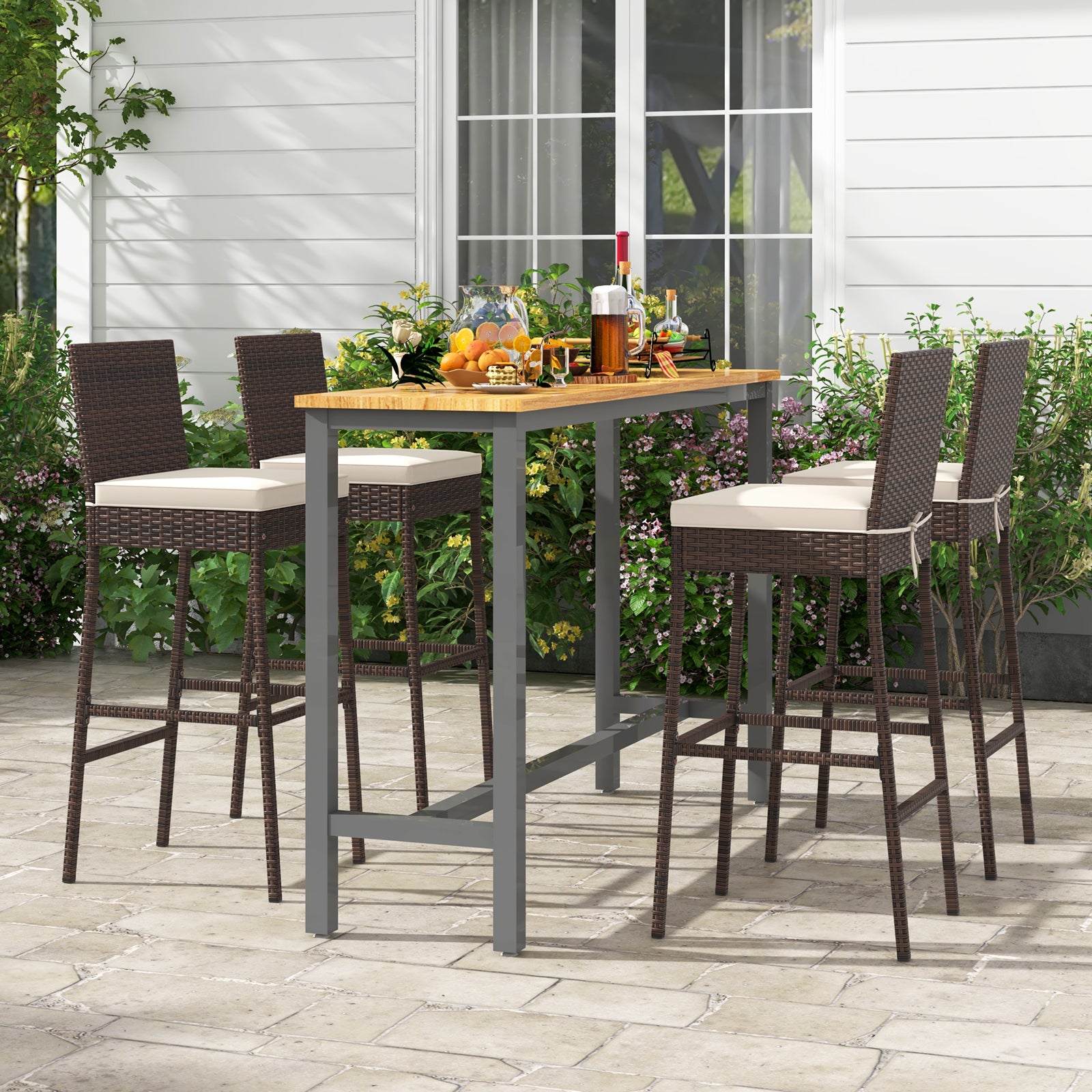 Set of 4 Patio Wicker Barstools with Seat Cushion and Footrest-Set of 4, Off White Patio Bar Furniture at Gallery Canada