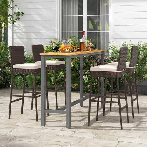 Set of 4 Patio Wicker Barstools with Seat Cushion and Footrest-Set of 4, Off White