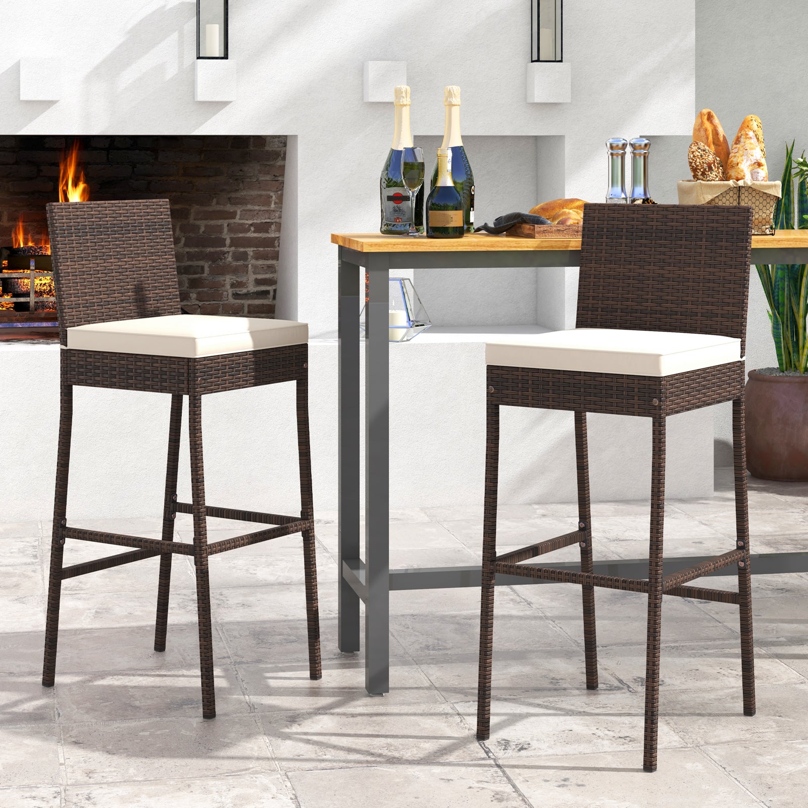 Set of 4 Patio Wicker Barstools with Seat Cushion and Footrest-Set of 4, Off White Patio Bar Furniture at Gallery Canada