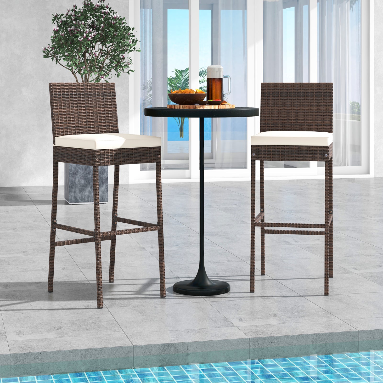 Set of 4 Patio Wicker Barstools with Seat Cushion and Footrest-Set of 4, Off White Patio Bar Furniture at Gallery Canada
