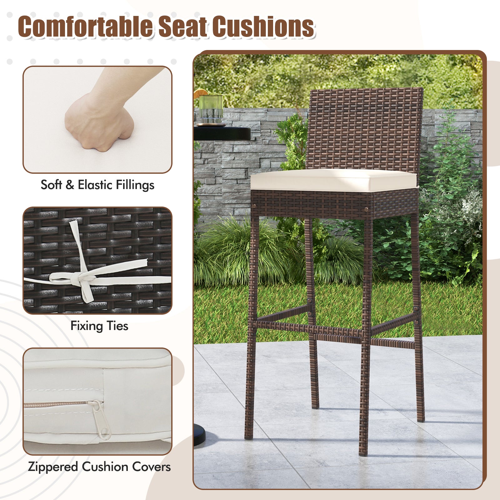 Set of 4 Patio Wicker Barstools with Seat Cushion and Footrest-Set of 4, Off White Patio Bar Furniture at Gallery Canada