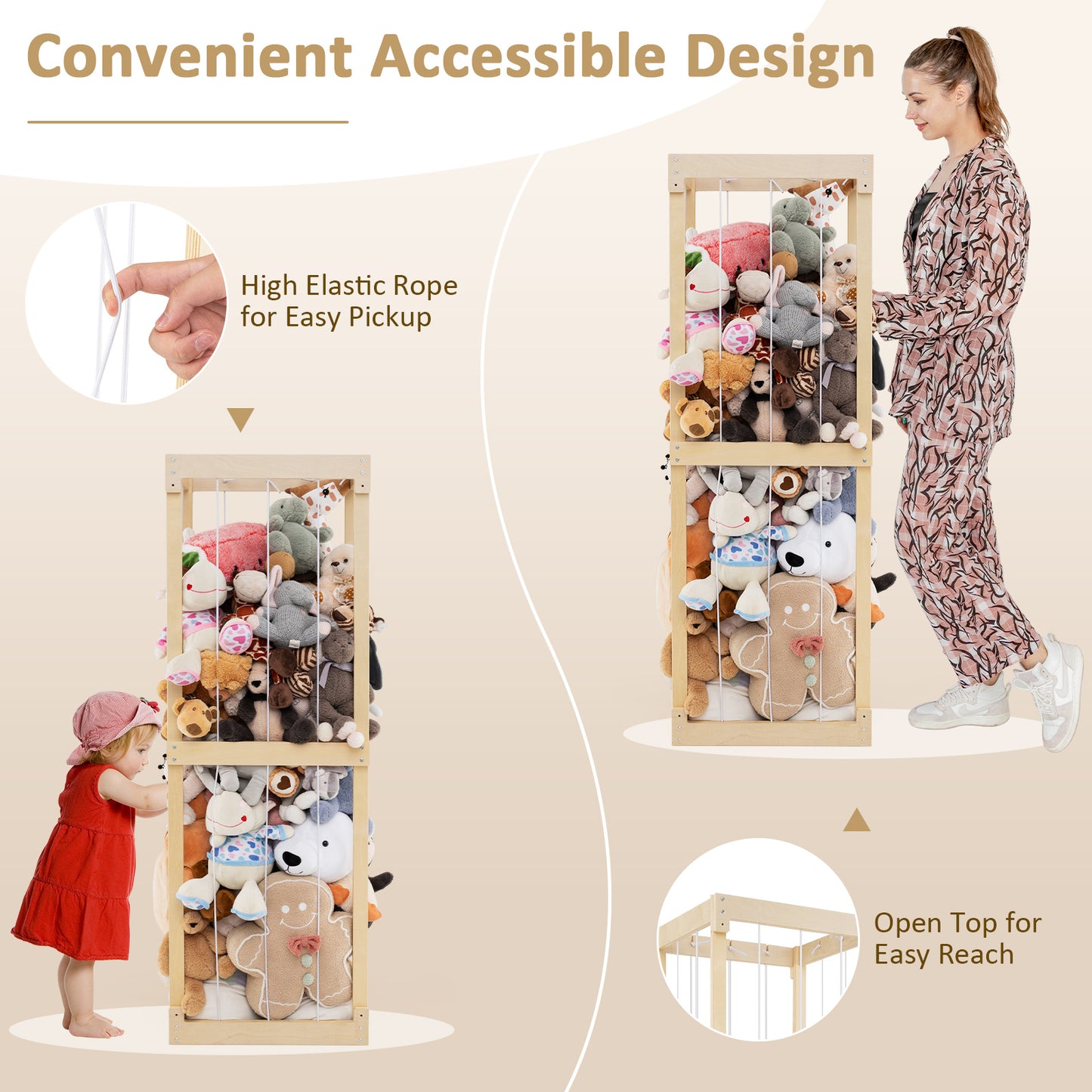 300L Grand rangement pour animaux en peluche, dessus ouvert, élastiques, naturel