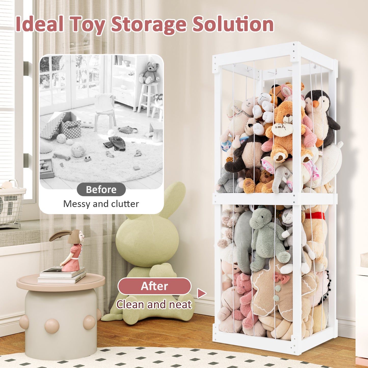 300L Large Stuffed Animal Storage with Open Top and Elastic Cords, White Kids Storage at Gallery Canada