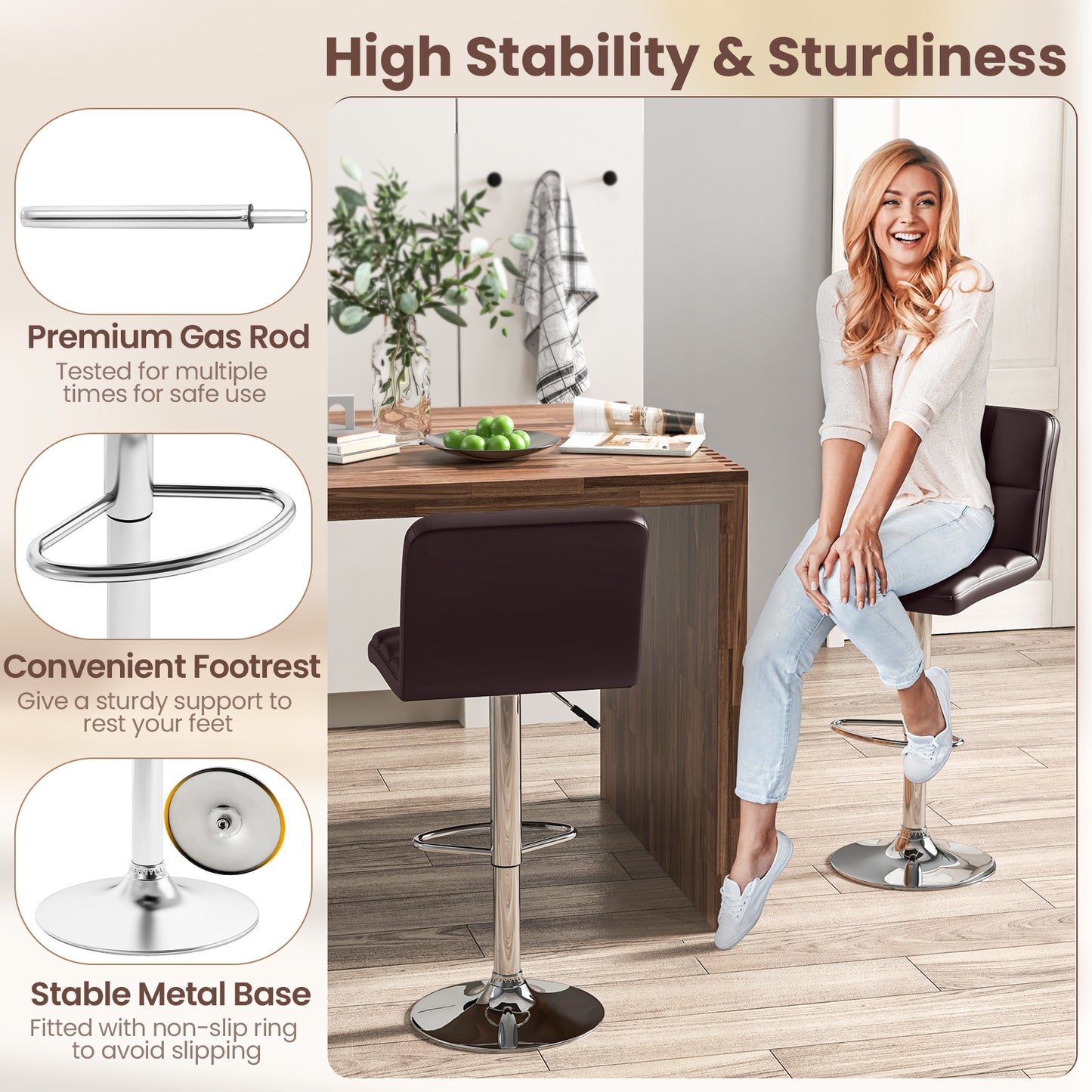 Modern Bat Stools Set of 2, With Back and Footrest, Brown Bar Stools at Gallery Canada