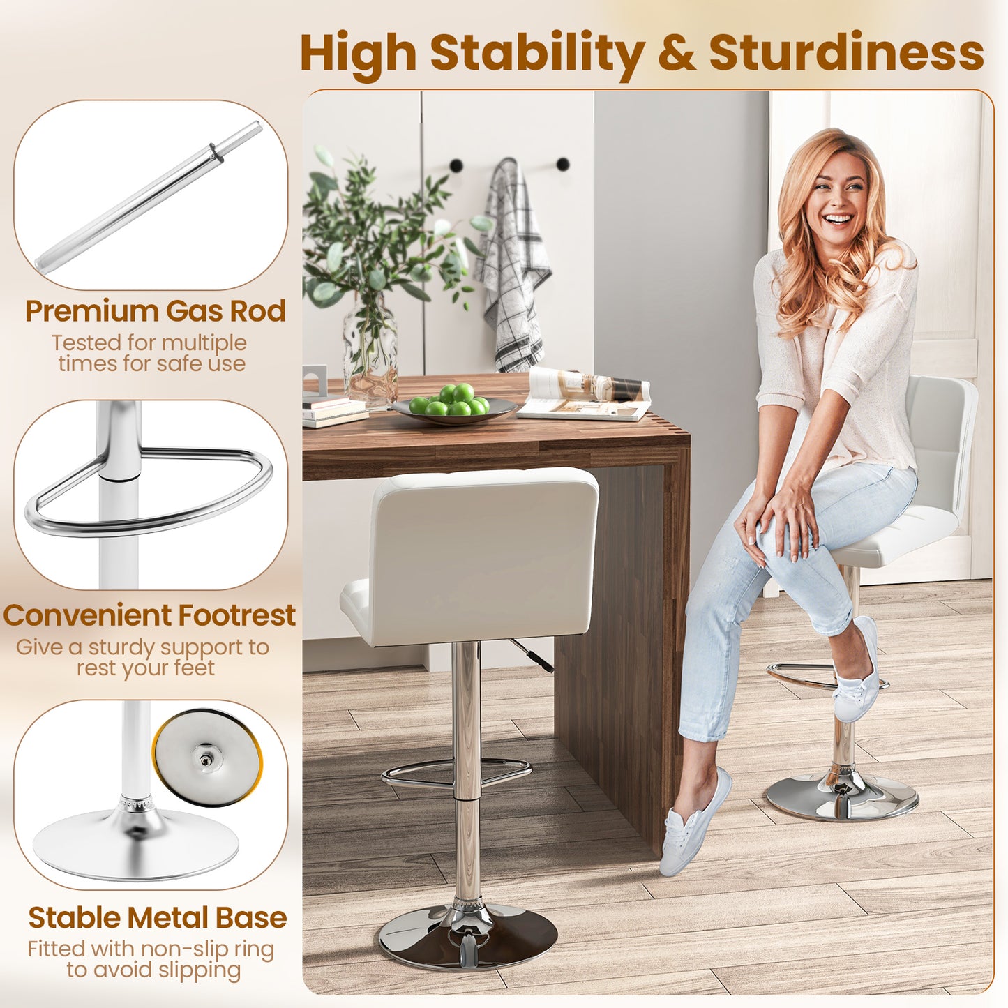 Modern Bat Stools Set of 2 with Back and Heavy-duty Metal Base and Footrest, White Bar Stools at Gallery Canada