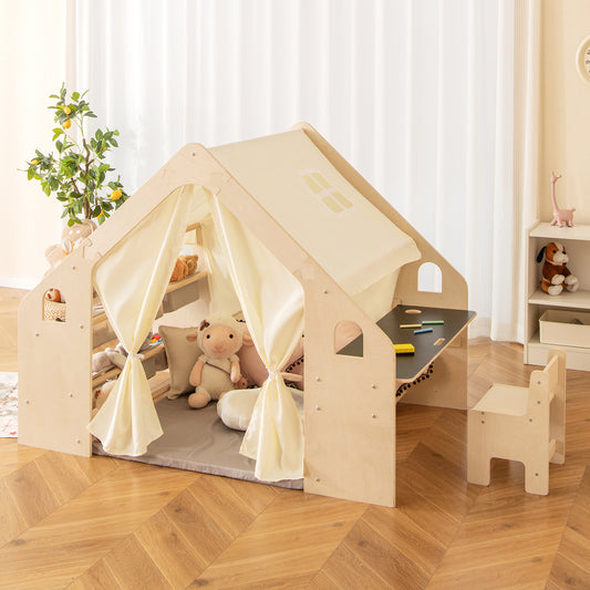 Kids Play Tent, 6-in-1, With Blackboard, Storage Bins, Floor Cushion, Beige Play Tents & Playhouse Beige at Gallery Canada