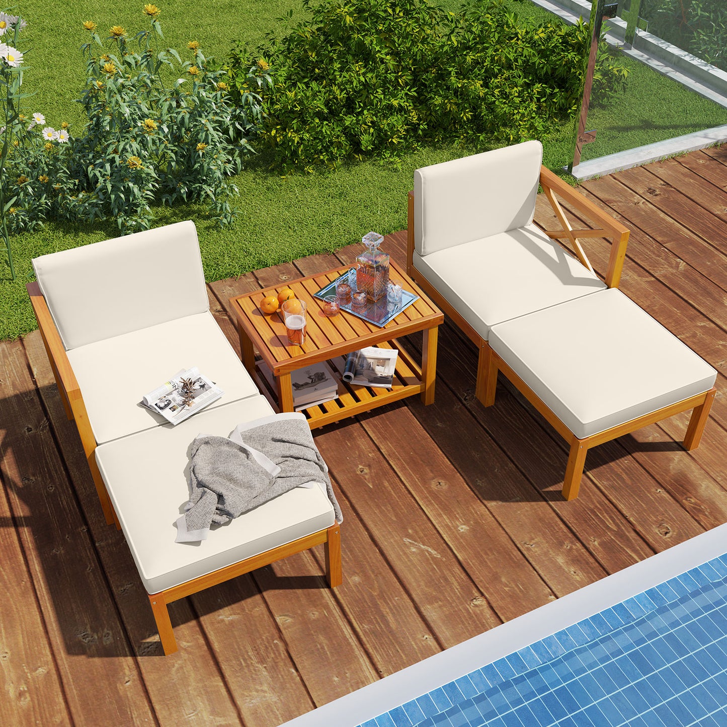 Acacia Wood Patio Lounge Chair Set, 5 Pieces, White Patio Conversation Sets at Gallery Canada