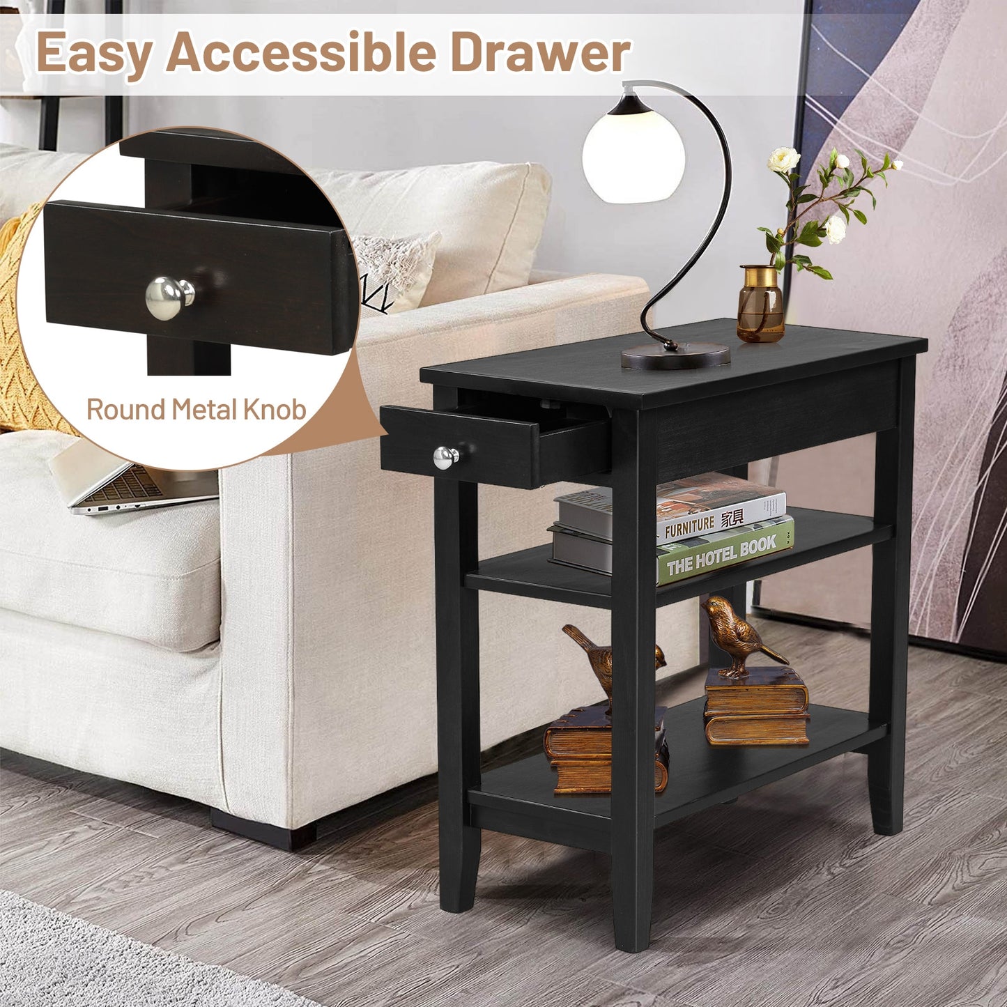Side End Table With Drawer, 2-Tier Open Storage Shelves, Black Nightstands at Gallery Canada