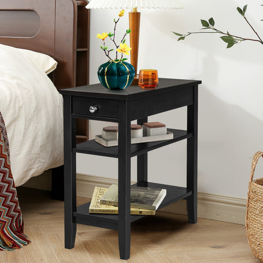 Side End Table with Drawer and 2-Tier Open Storage Shelves for Space Saving, Black Nightstands Black at Gallery Canada