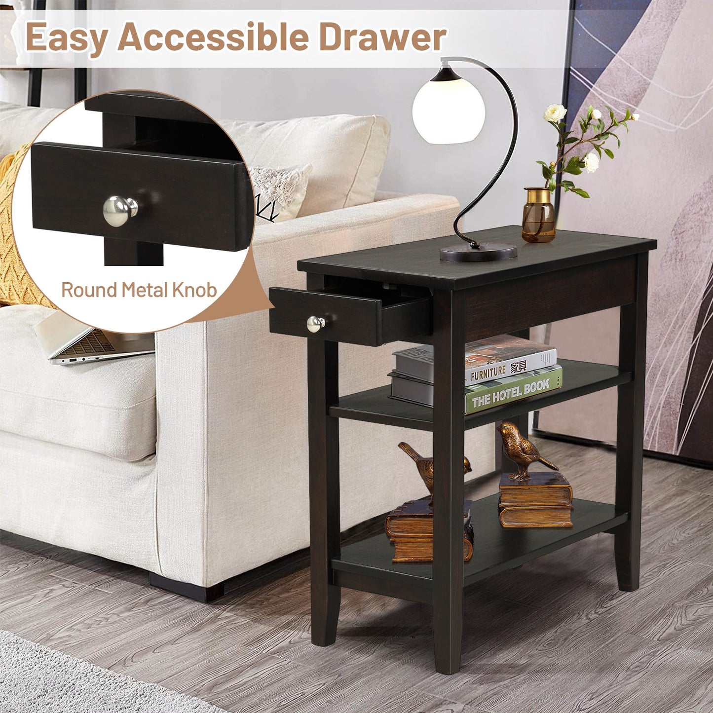 Side End Table with Drawer and 2-Tier Open Storage Shelves for Space Saving, Brown Nightstands at Gallery Canada