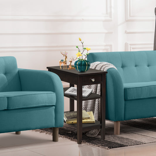 Side End Table With Drawer, 2-Tier Open Storage Shelves, Brown