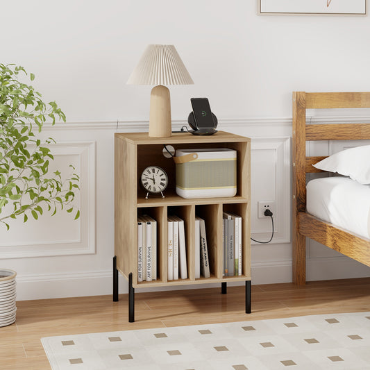 Record Player Stand with Record Storage Shelf and Charging Station, Natural End & Side Tables Natural at Gallery Canada