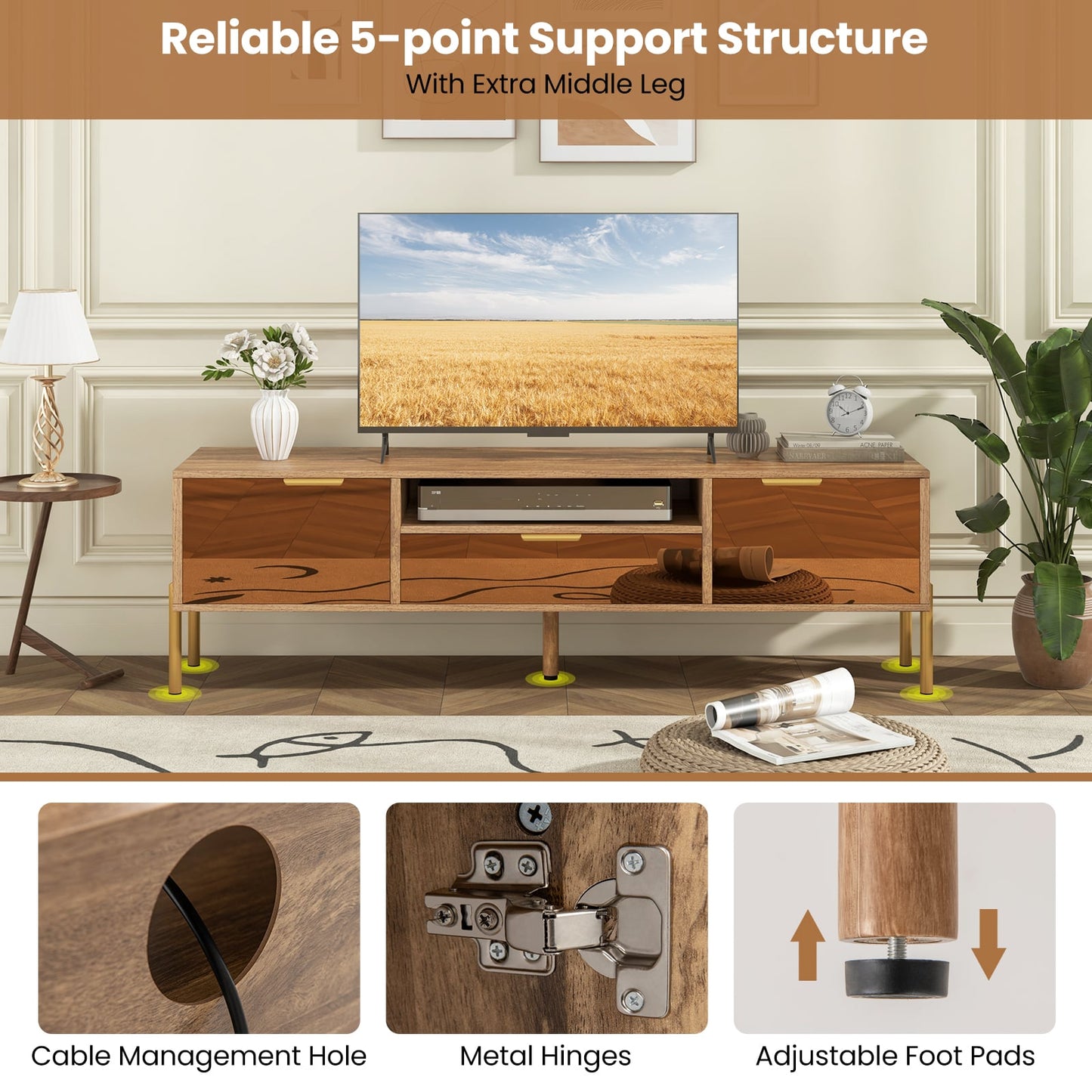 Support de télévision miroir pour téléviseur de 65 pouces, avec plateau et 2 armoires, naturel