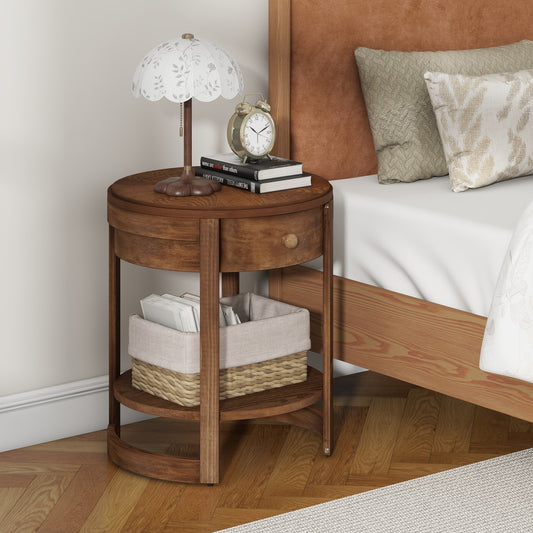 2-Tier Round End Table, Mid Century Modern Nightstand, Drawer And Shelf, Brown End & Side Tables Brown at Gallery Canada