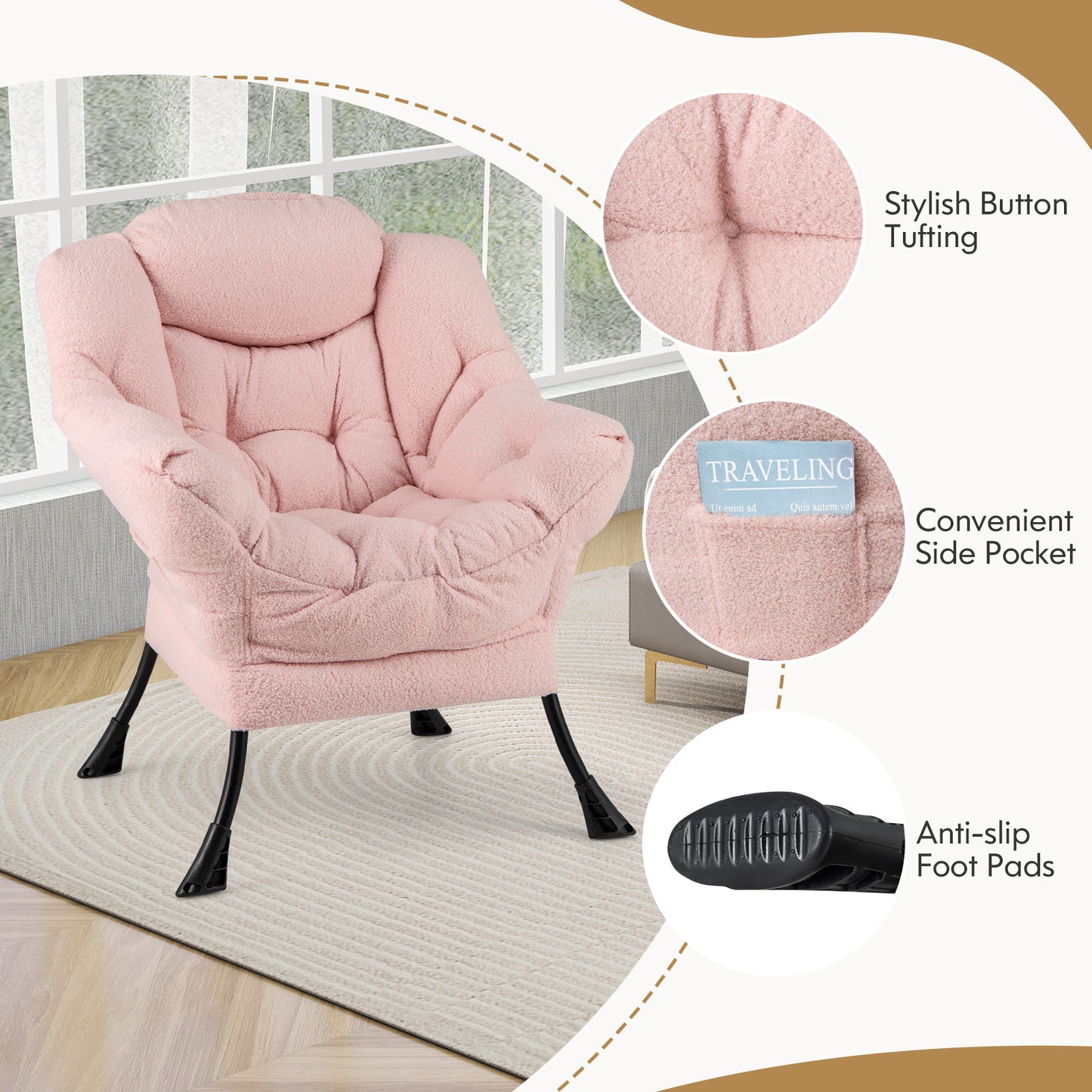 Chaise d'accent moderne, repose-pieds pliant, oreiller de tête, rose
