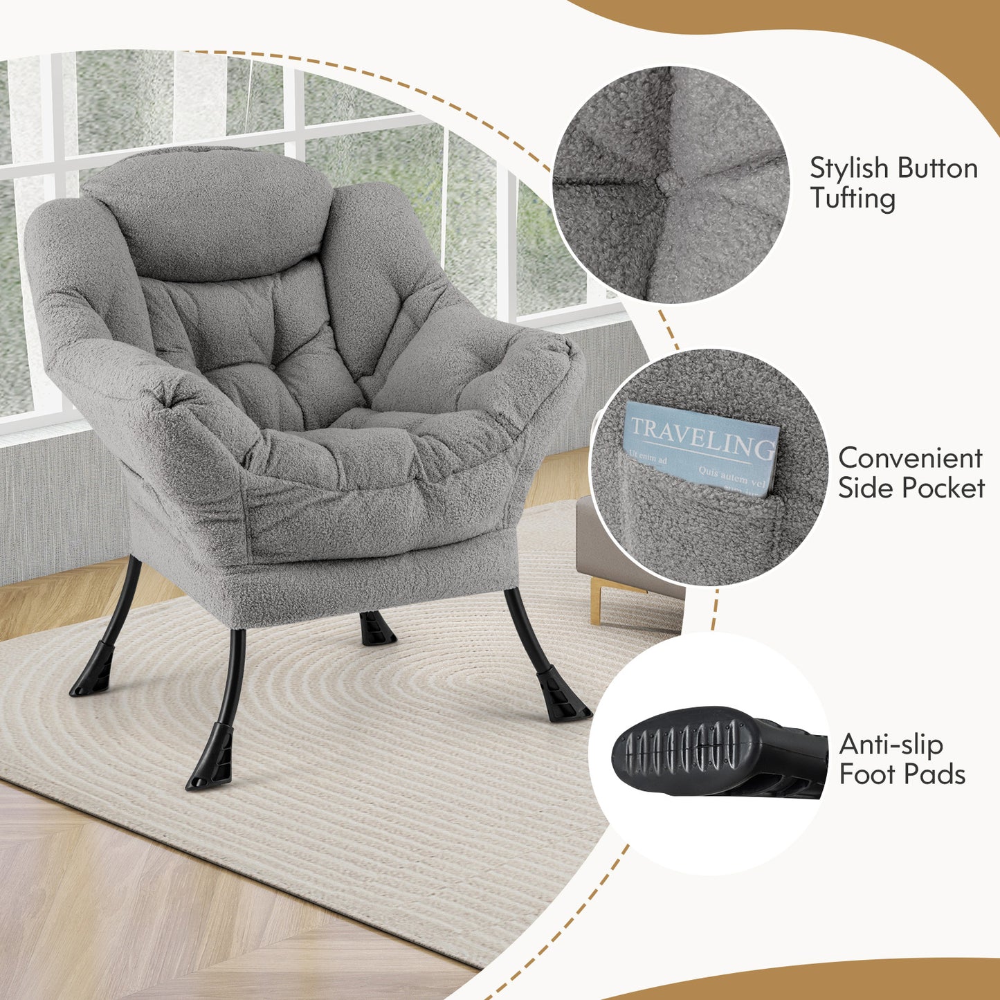 Chaise d'accent moderne, repose-pieds pliant, oreiller de tête, gris