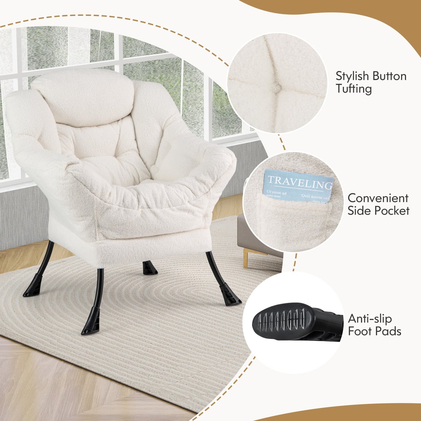 Chaise d'accent moderne avec repose-pieds pliant, oreiller de tête, beige