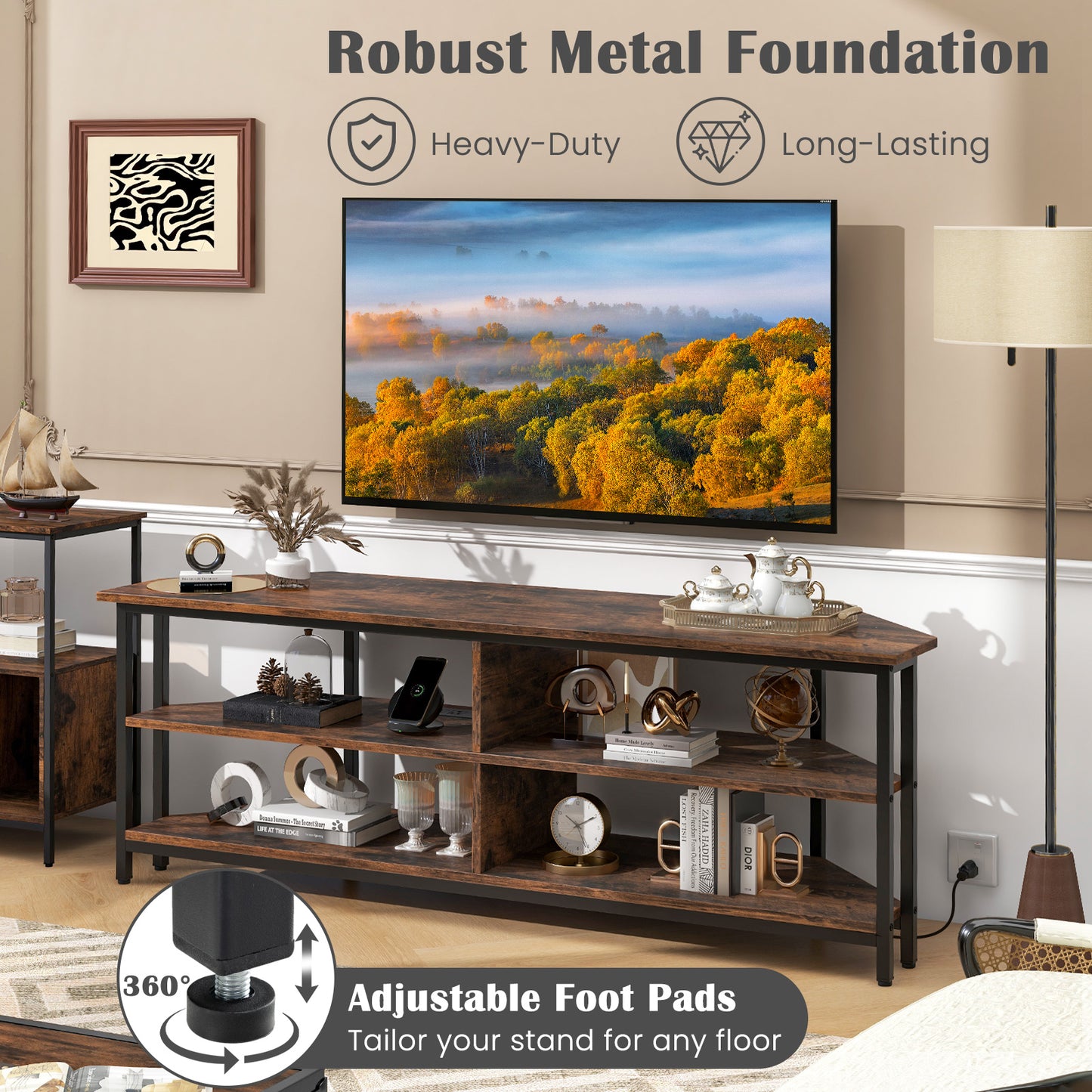 3-Tier Corner TV Stand, 65 Inches, Rustic Brown Entertainment Centers & TV Stands at Gallery Canada