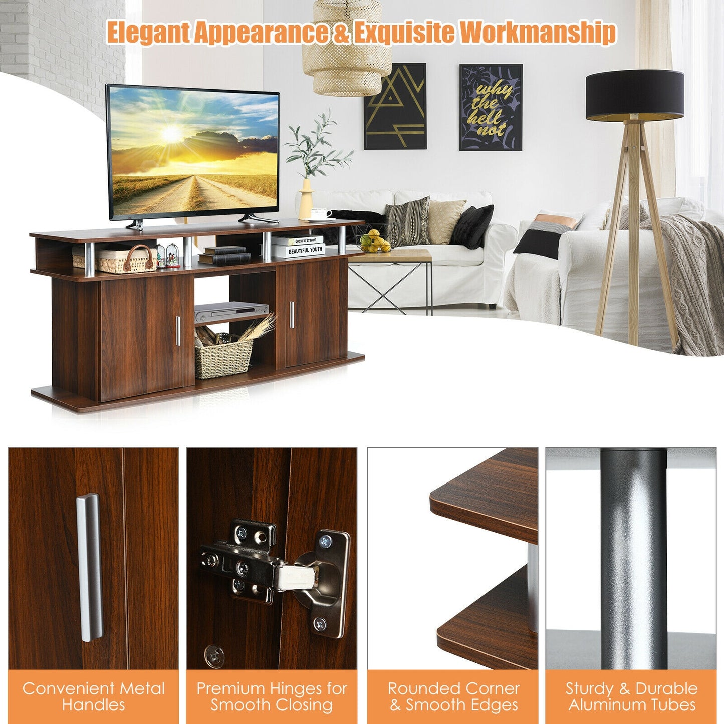 63 Inch TV Entertainment Console With 2 Cabinets, Walnut Entertainment Centers & TV Stands at Gallery Canada