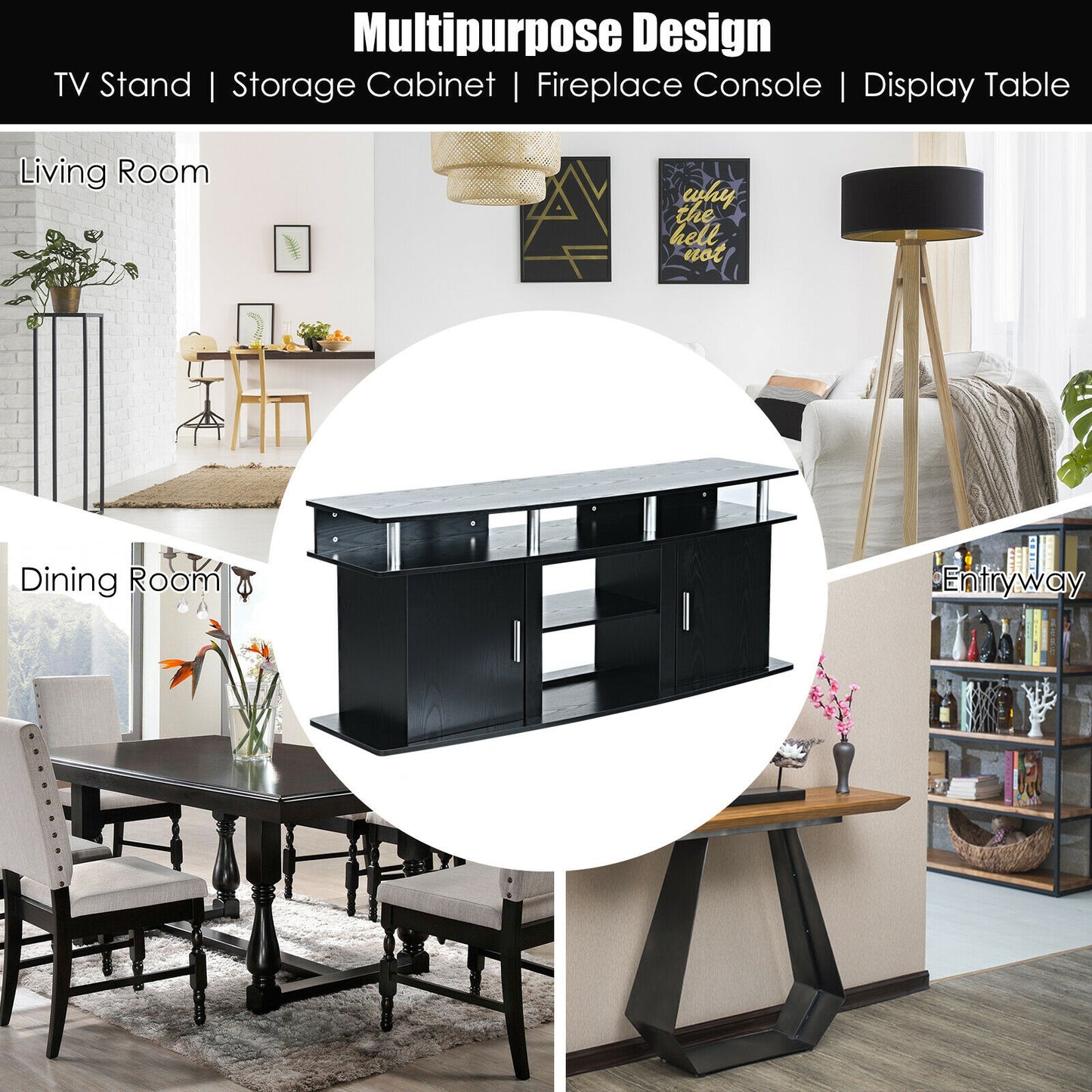 63 Inch TV Entertainment Console, 2 Cabinets, Black Entertainment Centers & TV Stands at Gallery Canada