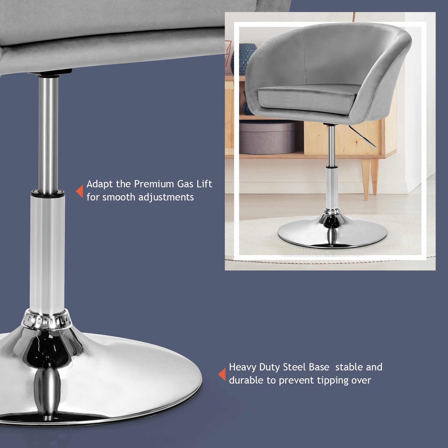 360 Degree Swivel Makeup Stool, Round Back, Metal Base, Gray Accent Chairs at Gallery Canada