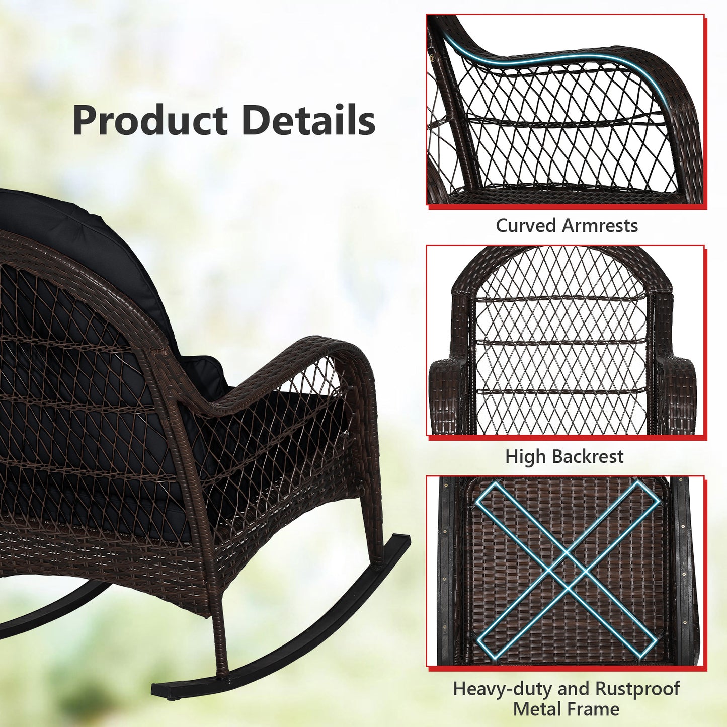 Patio Rattan Rocking Chair with Seat Back Cushions and Waist Pillow, Black Patio Rocking Chairs & Gliders at Gallery Canada