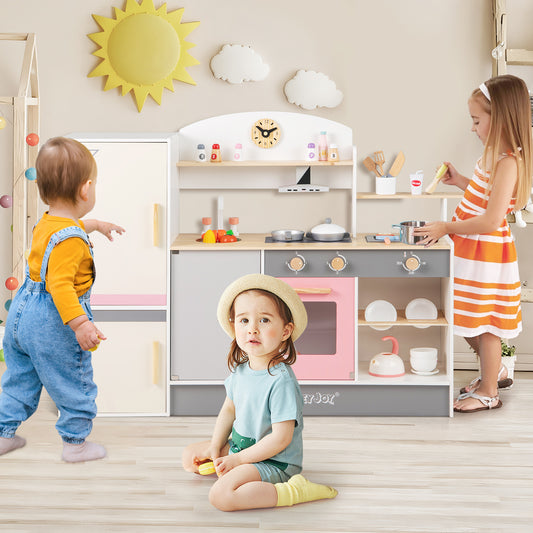 Kids Play Kitchen Set with Realistic Range Hood and Refrigerator Play Kitchen Sets Beige, Gray, Pink at Gallery Canada