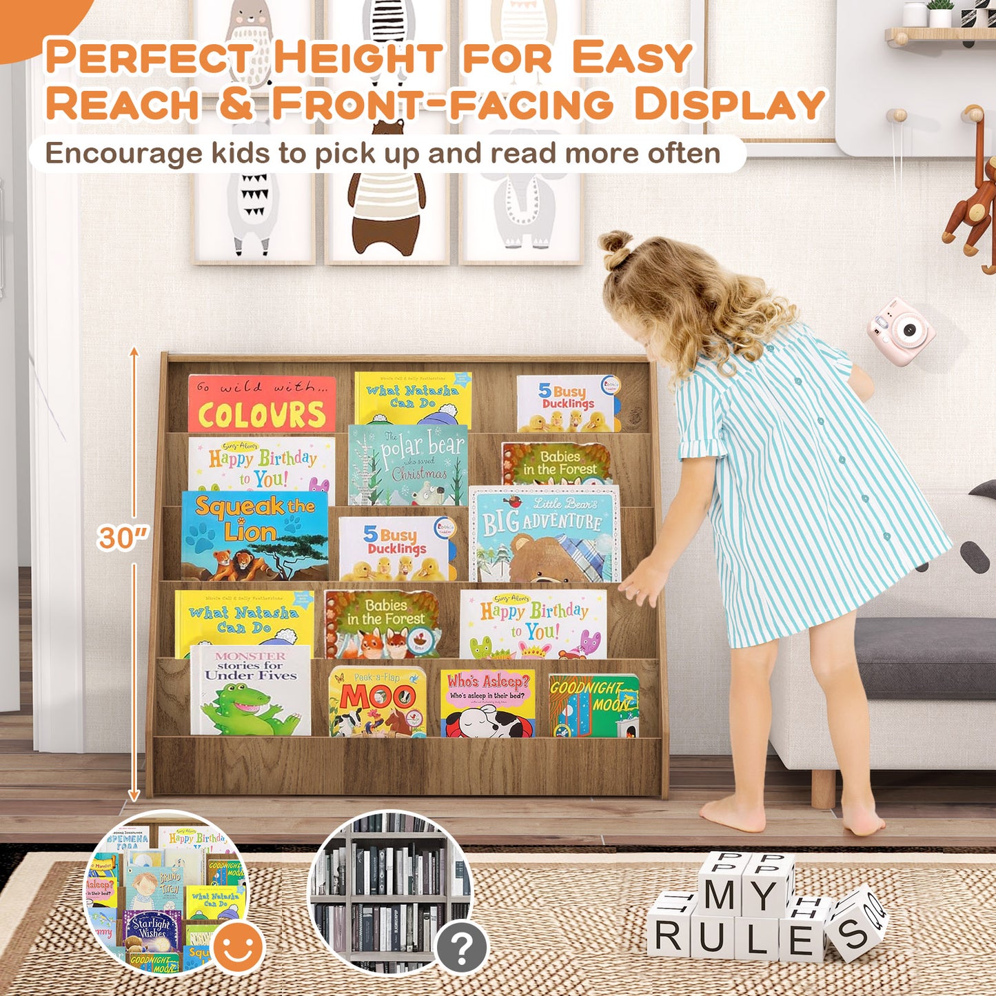 5-Tier Kids Bookshelf, Deep Compartments, Stable Baby Book Case, Natural Kids Storage at Gallery Canada