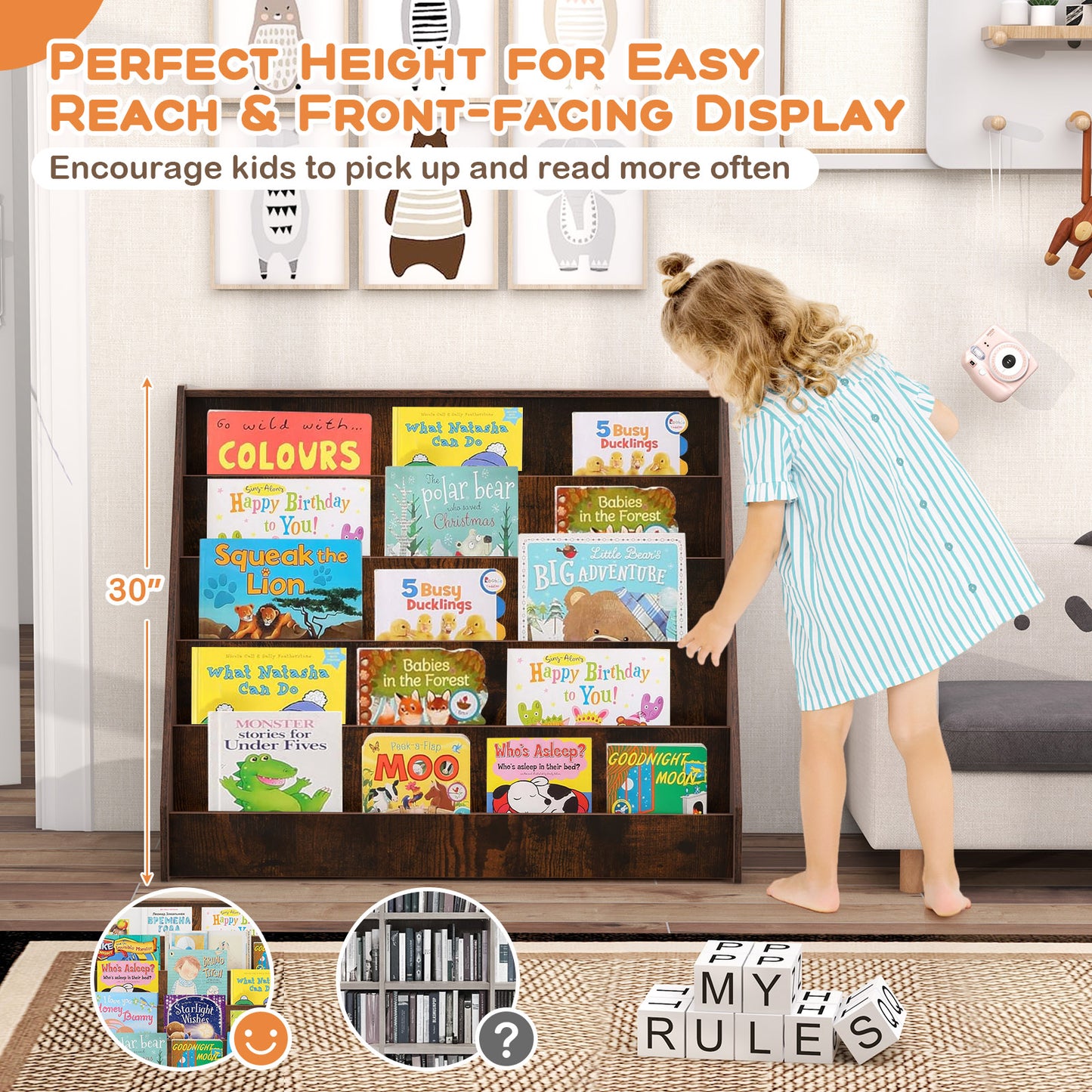 5-Tier Kids Bookshelf, Deep Compartments, Stable Book Case, Rustic Brown Kids Storage at Gallery Canada