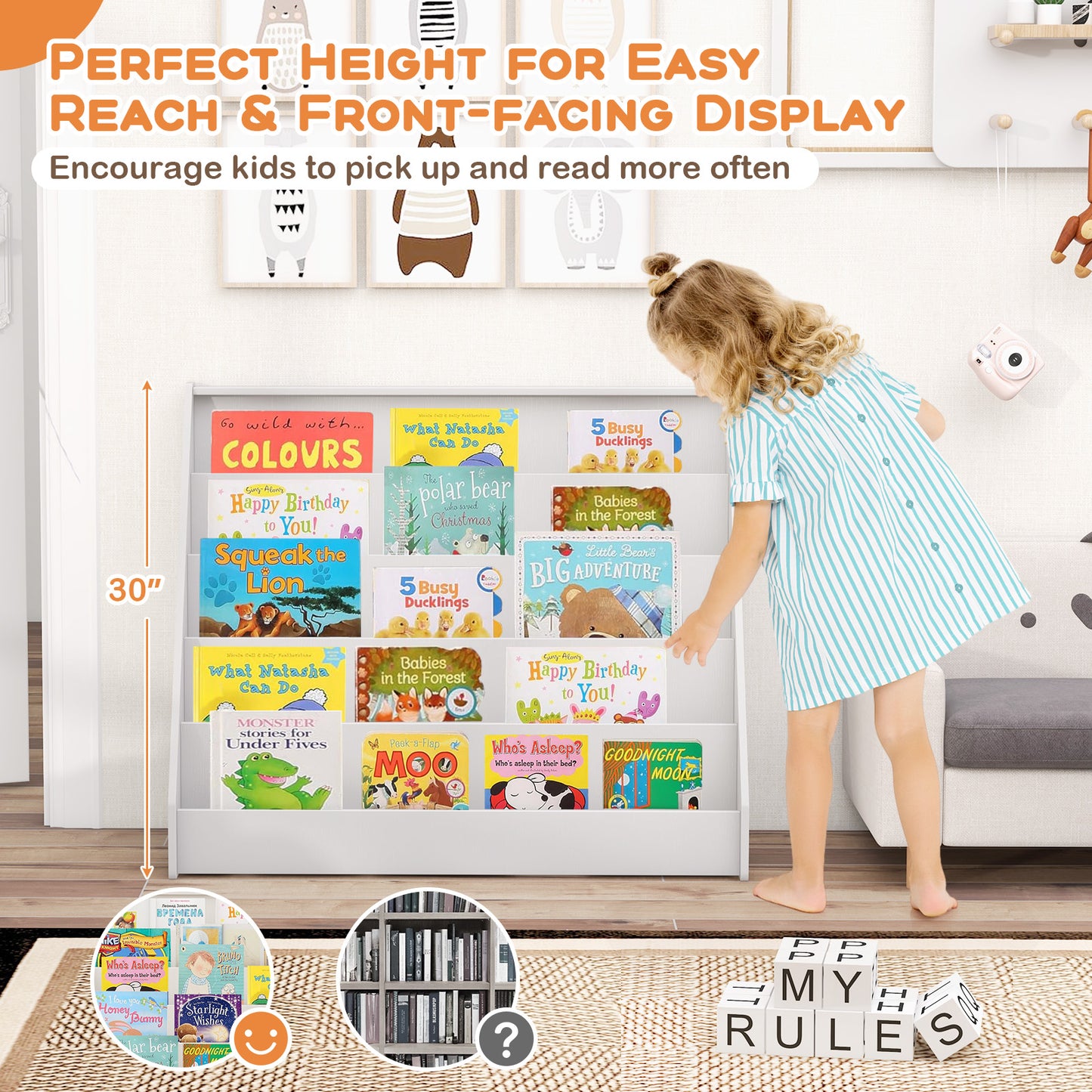 5-Tier Kids Bookshelf, Deep Compartments, Stable Baby Book Case, White Kids Storage at Gallery Canada