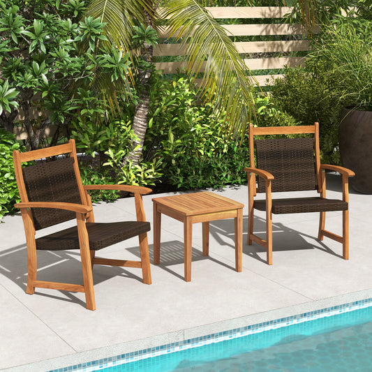 3-Piece Rattan Bistro Set, Acacia Wood Frame, Brown Patio Conversation Sets Brown at Gallery Canada