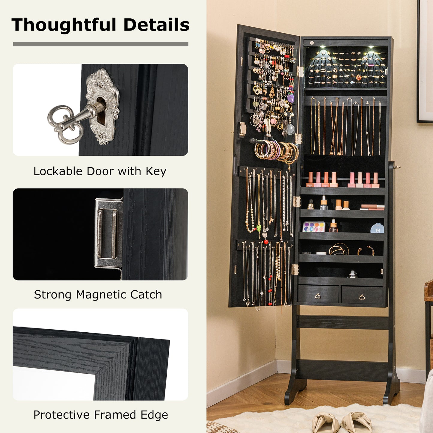 Lockable Jewelry Cabinet Armoire, Full-Length Mirror, Lights, Black Jewelry Armoires at Gallery Canada