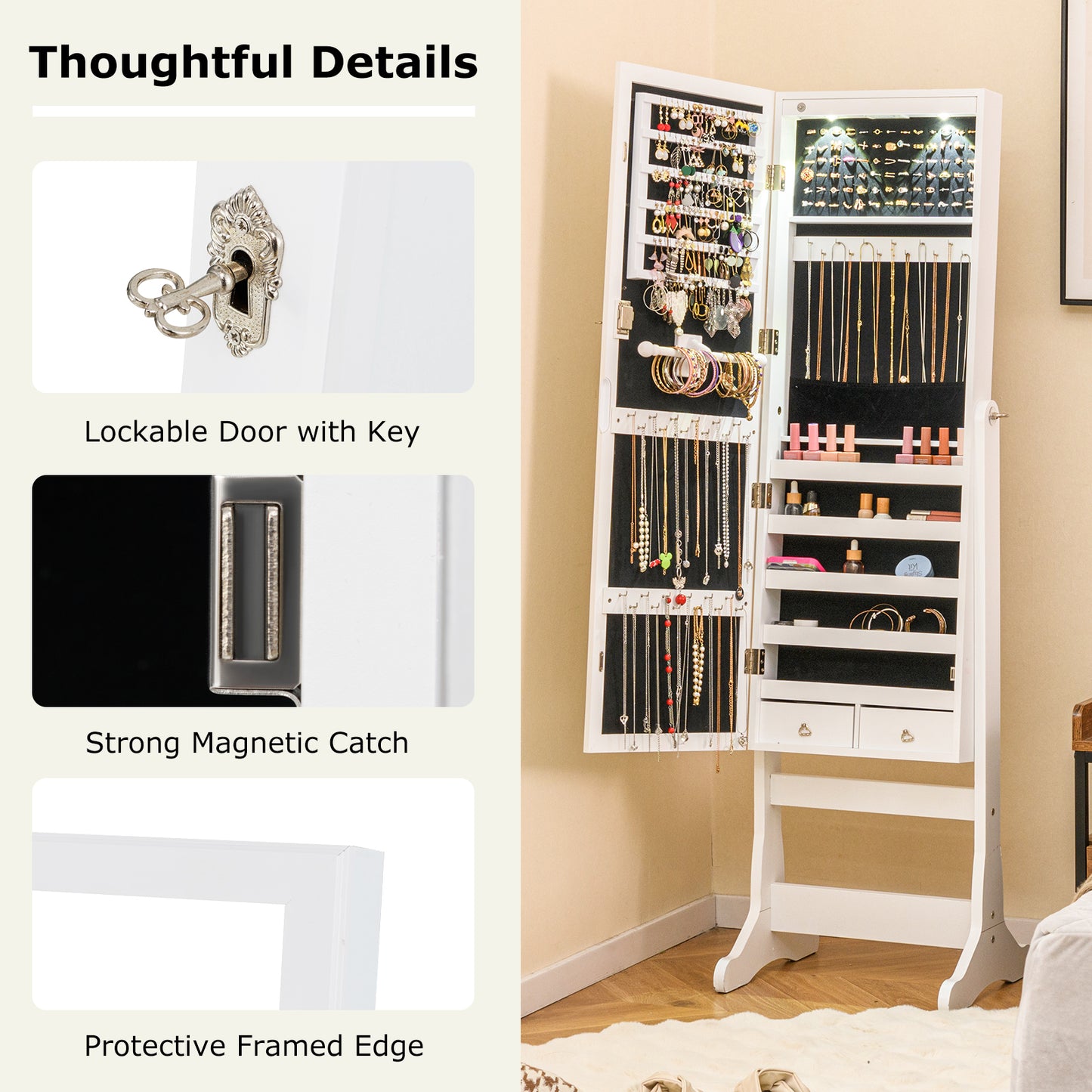 Lockable Jewelry Cabinet Armoire, Full-Length Mirror, Lights, White Jewelry Armoires at Gallery Canada