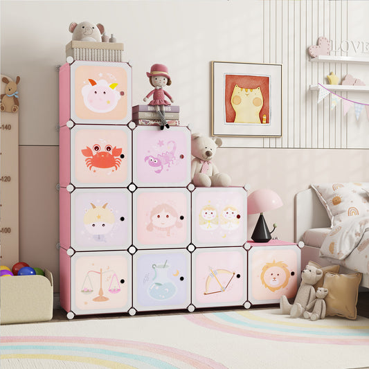 12 Cube Kids Wardrobe Closet, Hanging Section, Doors, White And Pink